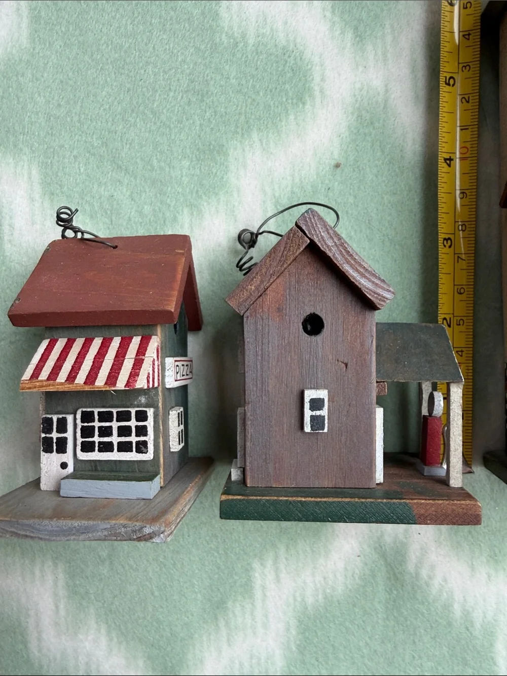 3 Rustic Miniature Wooden Birdhouse Trio - Green, Red, Brown, Yellow